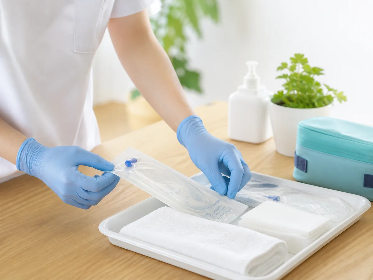 排泄管理に使用する医療用品を準備する医療者