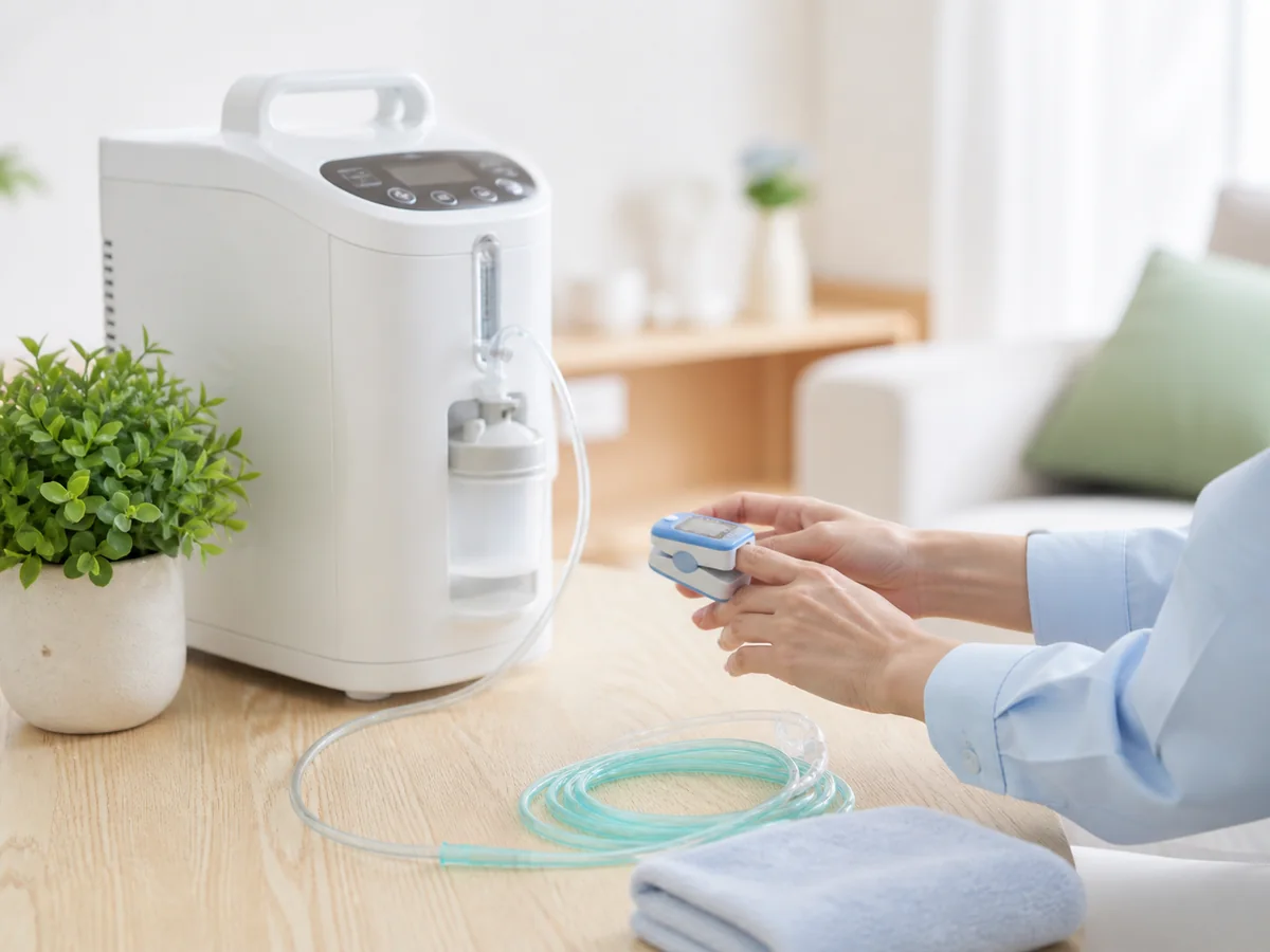 在宅酸素療法の機器を確認する医療者