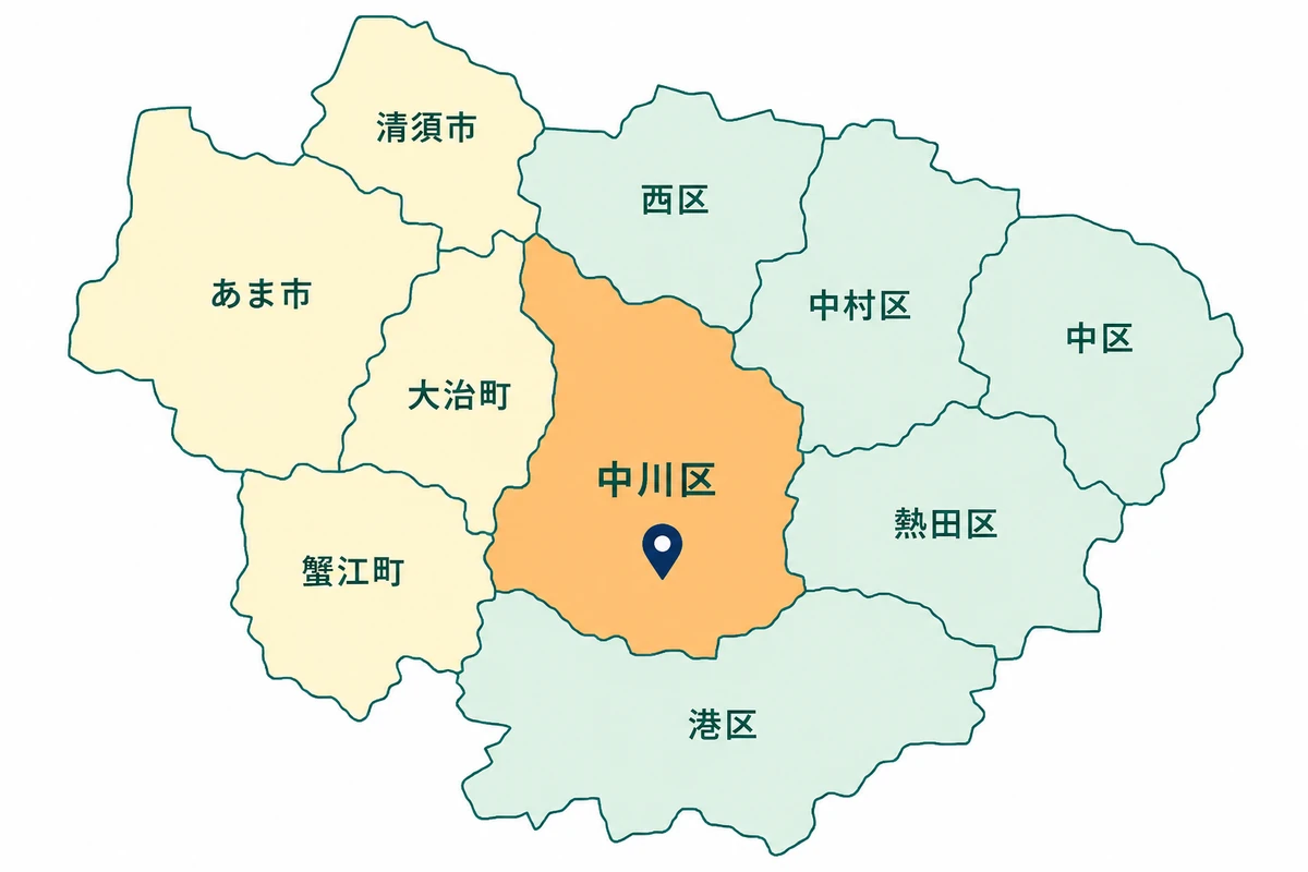 名古屋市中川区小塚町を中心に周辺の訪問診療対象地域を色分けした案内図