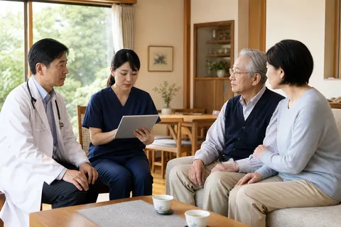 患者宅で医師と看護師が患者と家族に寄り添う在宅診療のイメージ