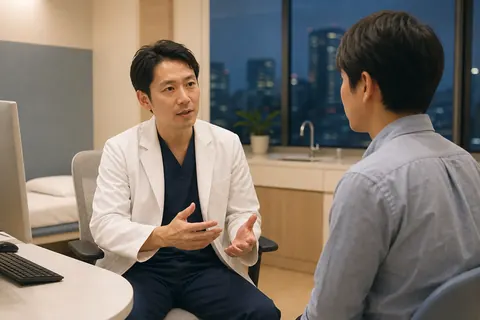 夜間の診察室で医師に相談する患者のイメージ