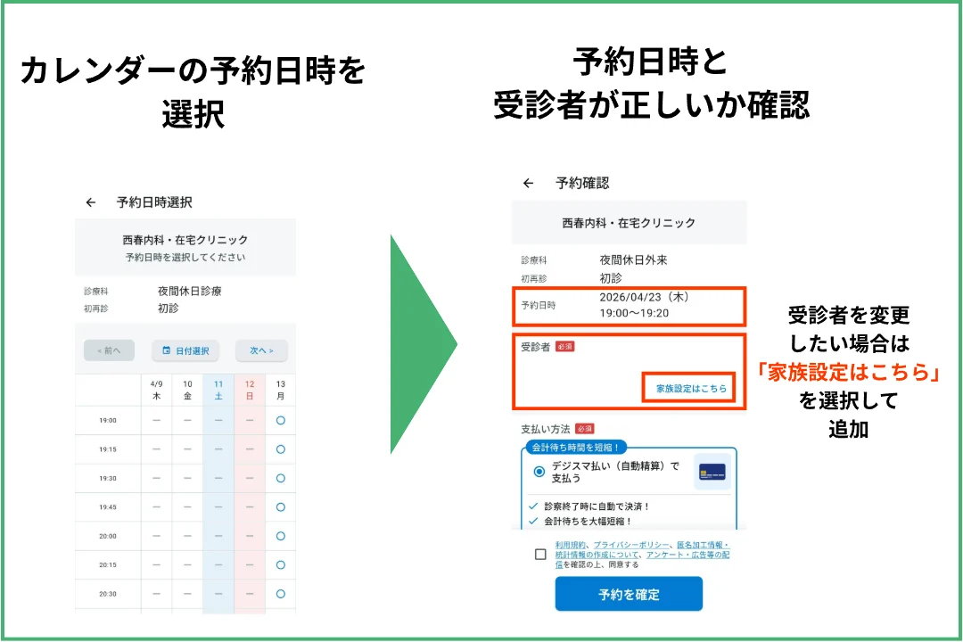 受診日時と受診する方を選択する画面